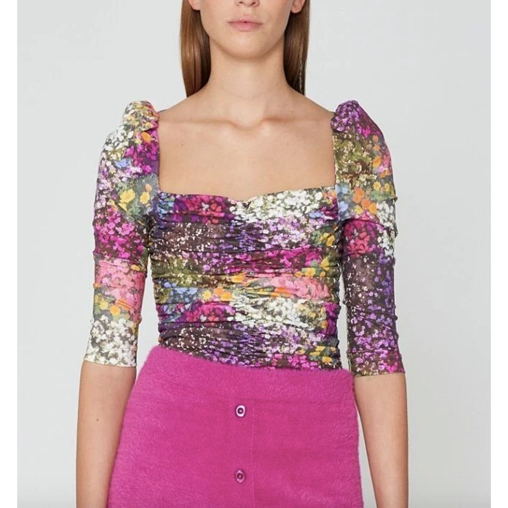 Rotate Birger Christensen Freja Top Floral Ruched Jersey Blouse US 10 UK 16